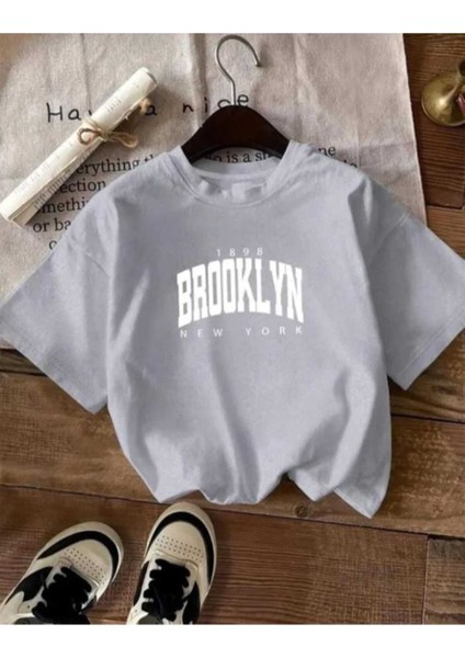 Oversize T-Shirt Broklıyn Baskılı Gri Renk