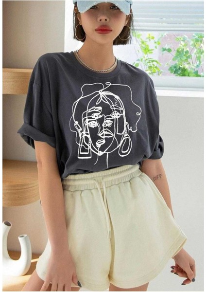 Oversize T-Shirt Baskılı Füme Renk