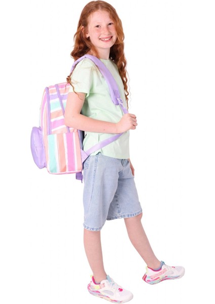 Rainbow Kız Çocuk Üç Bölmeli Ilkokul ve Ortaokul Çantası - Mor Çok Renkli Çizgili - K1801 indirimleri