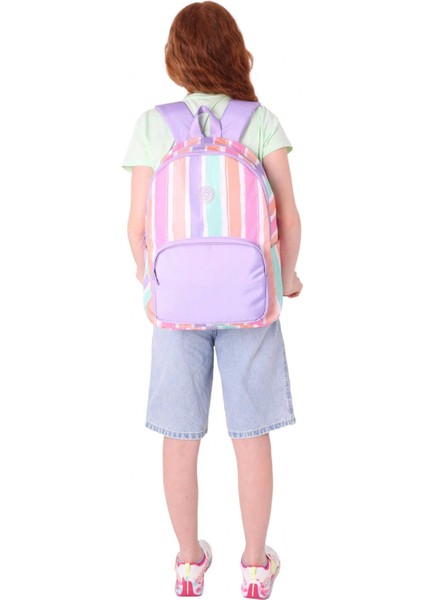 Rainbow Kız Çocuk Üç Bölmeli Ilkokul ve Ortaokul Çantası - Mor Çok Renkli Çizgili - K1801