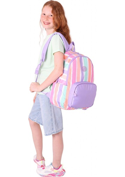 Rainbow Kız Çocuk Üç Bölmeli Ilkokul ve Ortaokul Çantası - Mor Çok Renkli Çizgili - K1801