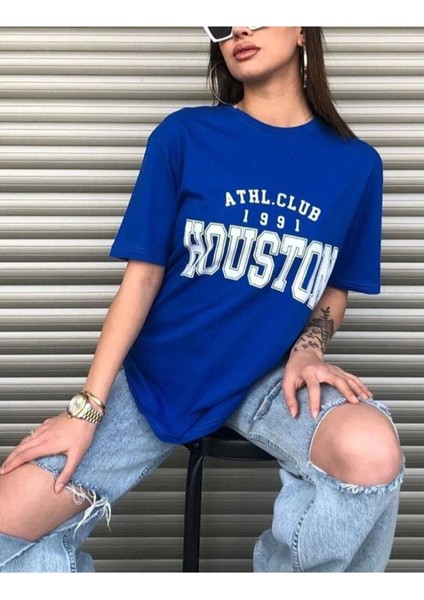 Oversize T-Shirt Houston Baskılı Saks Mavi Renk