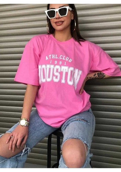 Oversize T-Shirt Houston Baskılı Pembe Renk