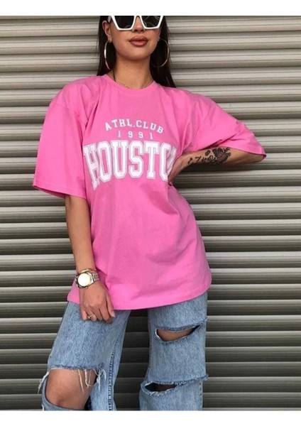 Oversize T-Shirt Houston Baskılı Pembe Renk