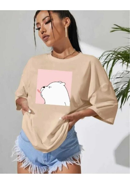 Oversize T-Shirt Ayı Baskılı Bej Renk