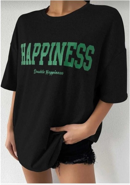 Oversize T-Shirt Happiness Baskılı Siyah Renk