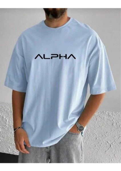 Oversize T-Shirt Alpha Baskılı Mavi Renk