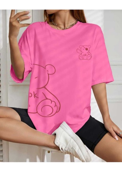 Oversize T-Shirt Ayı Baskılı Fuşya Renk
