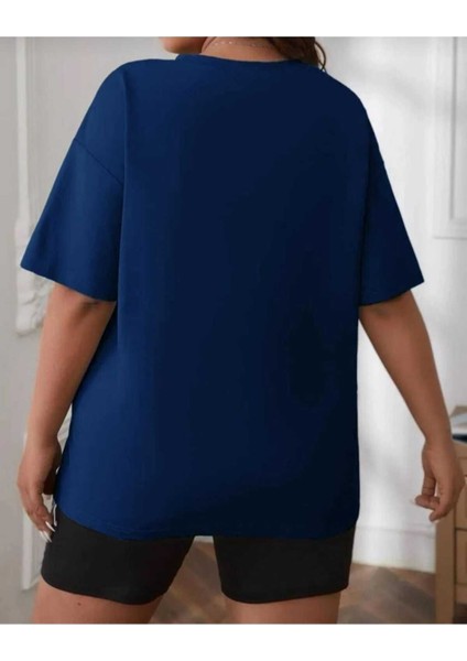 Oversize T-Shirt Baskılı Saks Mavi Renk