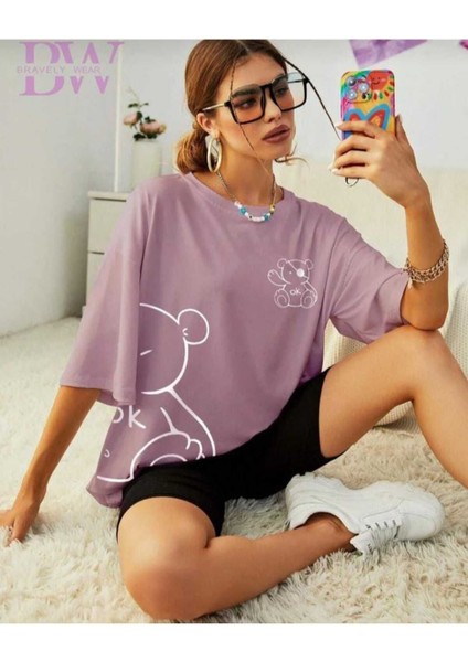 Oversize T-Shirt Ayı Baskılı Lila Renk