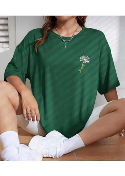 Oversize T-Shirt Baskılı Yeşil Renk