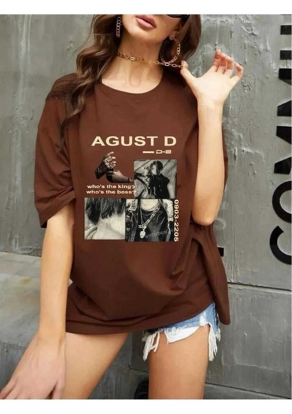Oversize T-Shirt Agust Baskılı Kahverengi Renk