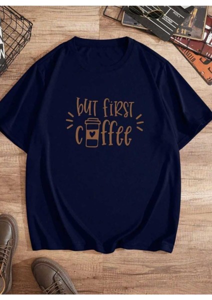 Oversize T-Shirt Coffee Baskılı Lacivert Renk