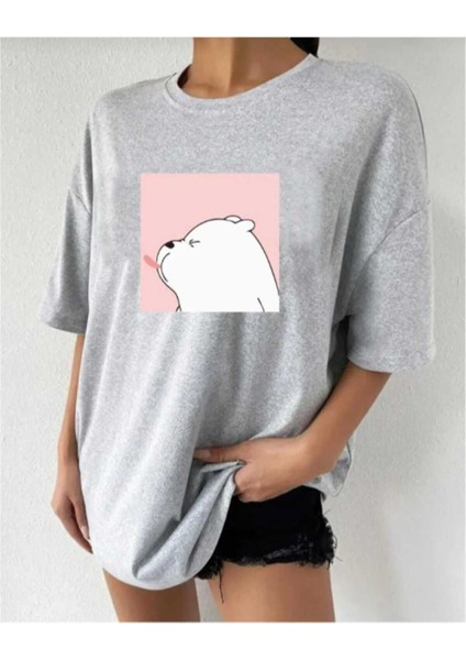 Oversize T-Shirt Ayı Baskılı Gri Renk