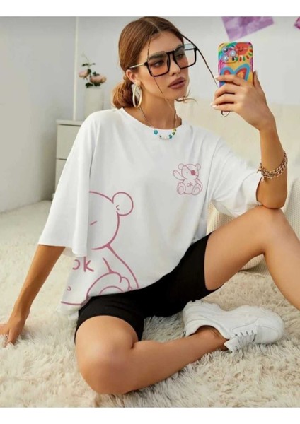 Oversize T-Shirt Ayı Baskılı Beyaz Renk