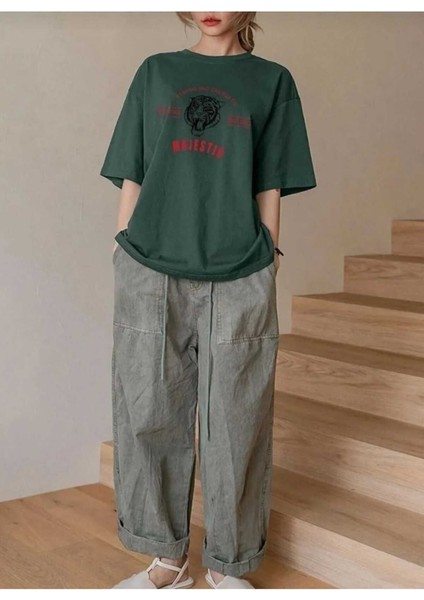 Oversize T-Shirt Majestıc Baskılı Yeşil Renk