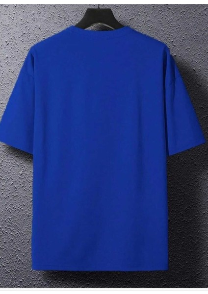 Oversize T-Shirt Dikey Baskılı Mavi Renk