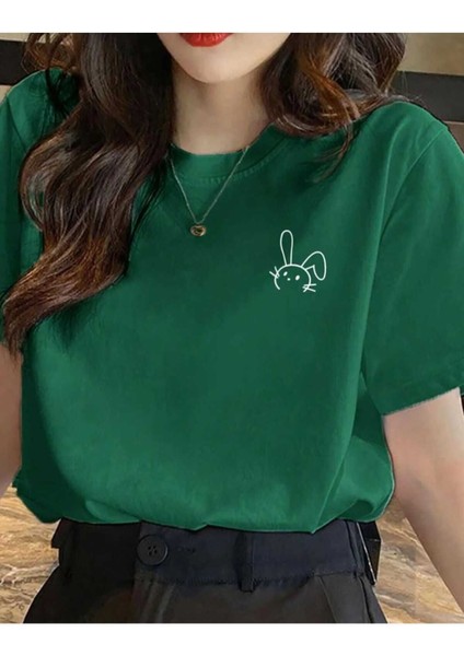 Oversize T-Shirt Baskılı Yeşil Renk