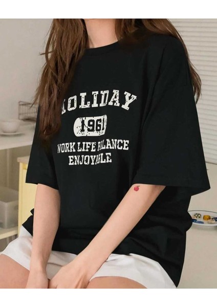 Oversize T-Shirt Baskılı Siyah Renk