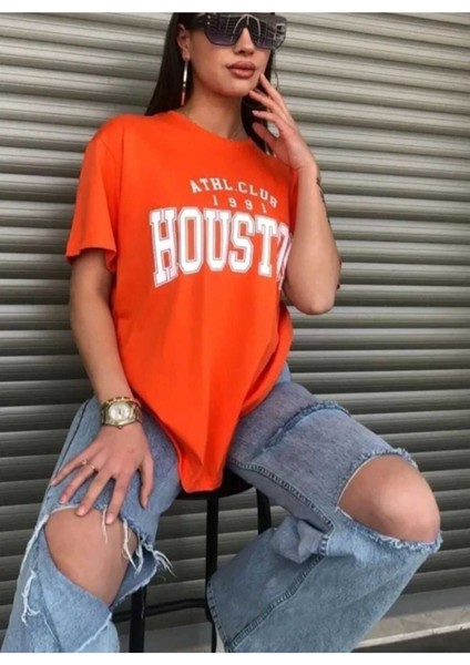 Oversize T-Shirt Houston Baskılı Turuncu Renk