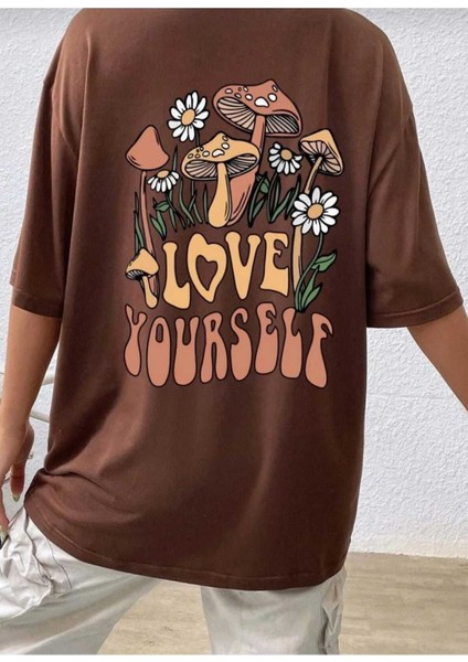 Oversize T-Shirt Yourself Baskılı Kahverengi Renk