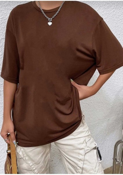 Oversize T-Shirt Yourself Baskılı Kahverengi Renk