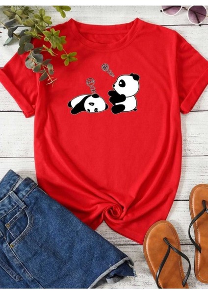 Oversize T-Shirt Pandalar Baskılı Kırmızı Renk