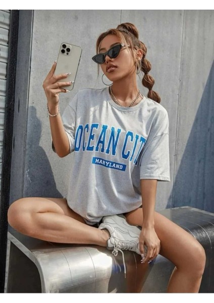 Oversize T-Shirt Ocean Baskılı Gri Renk