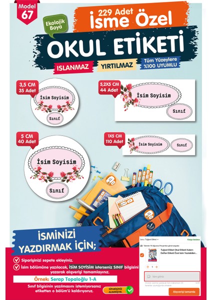 Okul Etiketi Kalem Defter Etiketi Özel Isim Yazılabilen Etiket Seti - Isim Etiketi