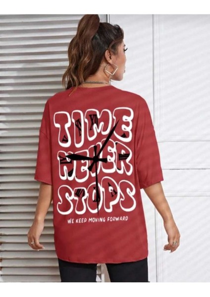 Oversize T-Shirt Time Baskılı Kırmızı Renk