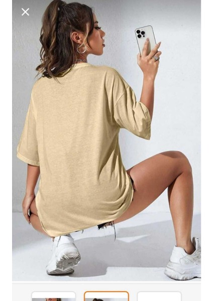 Oversize T-Shirt Karakterleri Baskılı Bej Renk
