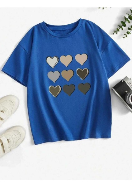 Oversize T-Shirt Baskılı Mavi Renk