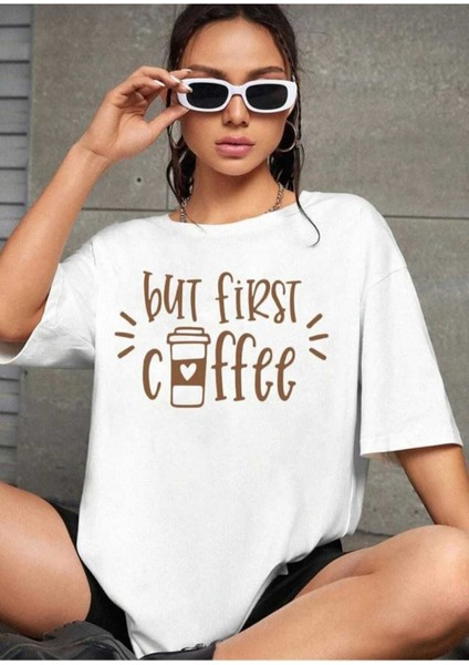 Oversize T-Shirt Coffee Baskılı Beyaz Renk