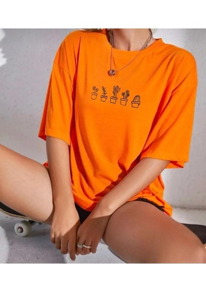 Oversize T-Shirt Kaktüs Baskılı Oranj Renk