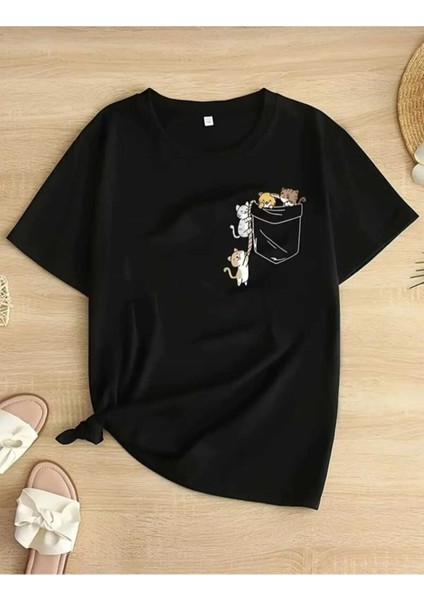 Oversize T-Shirt Figürler Baskılı Siyah Renk