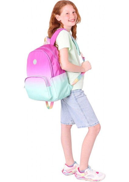 Rainbow Kız Çocuk Üç Bölmeli Ilkokul ve Ortaokul Çantası - Pembe Yeşil Renk Geçişli - K1798 indirimleri