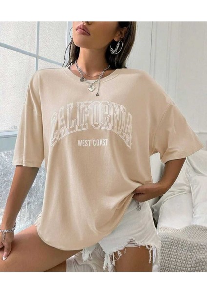 Oversize T-Shirt Baskılı Bej Renk
