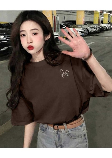 Oversize T-Shirt Baskılı Kahverengi Renk