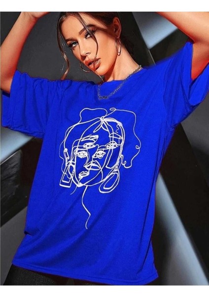 Oversize T-Shirt Baskılı Mavi Renk