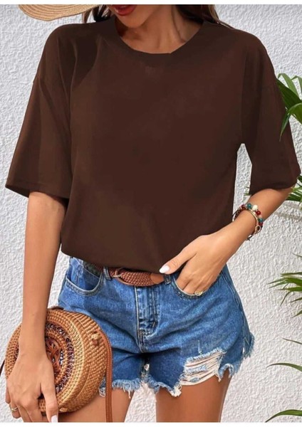 Oversize T-Shirt Sırt Baskılı Kahverengi Renk fiyatları