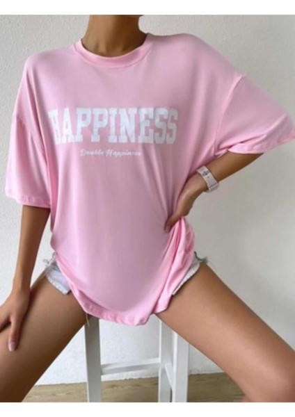 Oversize T-Shirt Baskılı Pembe Renk