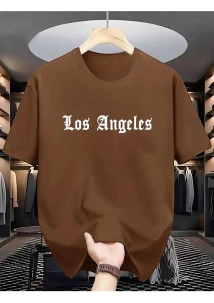 Oversize T-Shirt Angeles Baskılı Kahverengi Renk
