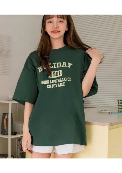 Oversize T-Shirt Baskılı Yeşil Renk