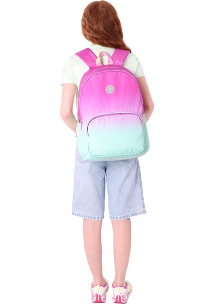 Rainbow Kız Çocuk Üç Bölmeli Ilkokul ve Ortaokul Çantası - Pembe Yeşil Renk Geçişli - K1798