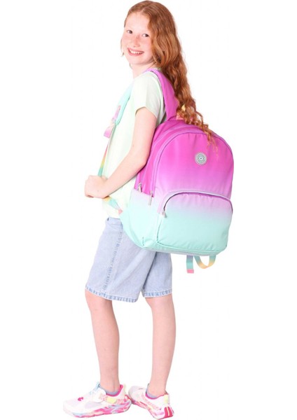 Rainbow Kız Çocuk Üç Bölmeli Ilkokul ve Ortaokul Çantası - Pembe Yeşil Renk Geçişli - K1798