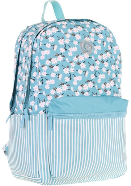 Soft Floral Kız Çocuk Üç Bölmeli Turkuaz Çiçek ve Çizgi Desenli Okul Sırt Çantası - K1796