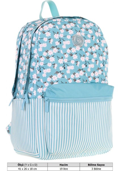 Soft Floral Kız Çocuk Üç Bölmeli Turkuaz Çiçek ve Çizgi Desenli Okul Sırt Çantası - K1796 fırsatları