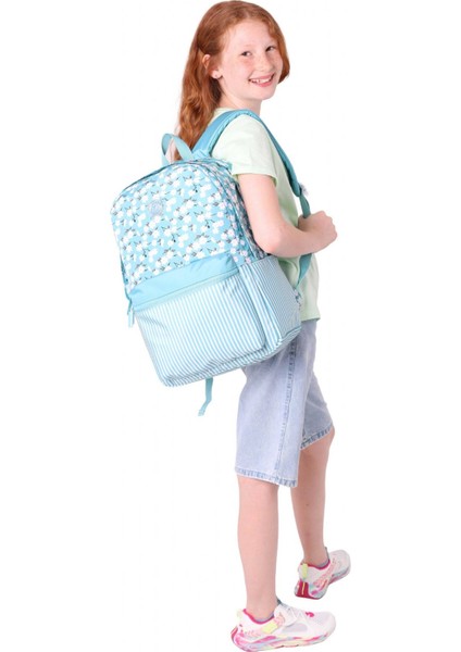 Soft Floral Kız Çocuk Üç Bölmeli Turkuaz Çiçek ve Çizgi Desenli Okul Sırt Çantası - K1796 indirimleri