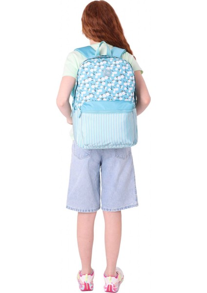 Soft Floral Kız Çocuk Üç Bölmeli Turkuaz Çiçek ve Çizgi Desenli Okul Sırt Çantası - K1796
