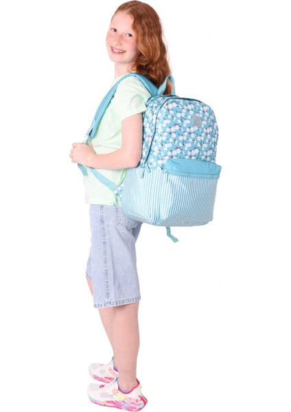 Soft Floral Kız Çocuk Üç Bölmeli Turkuaz Çiçek ve Çizgi Desenli Okul Sırt Çantası - K1796